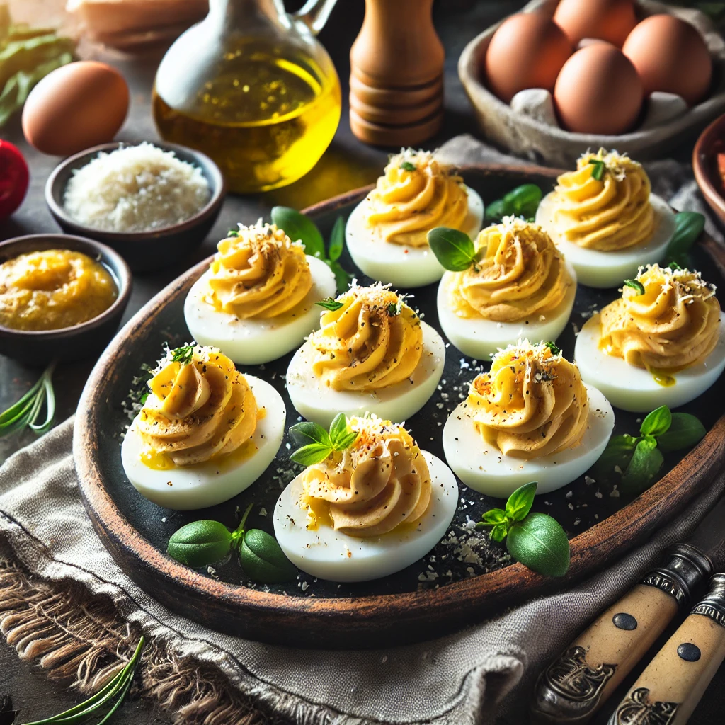 Easy Italian Deviled Eggs Recipe Garnished with Fresh Herbs